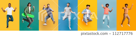 Crazy Fun. Group Of Happy Multiethnic Men Jumping Mid-Air On Colorful Backgrounds 112717776