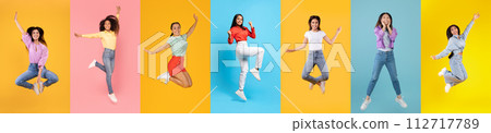 Great News. Collage of joyful multiethnic women jumping up on colorful backgrounds 112717789