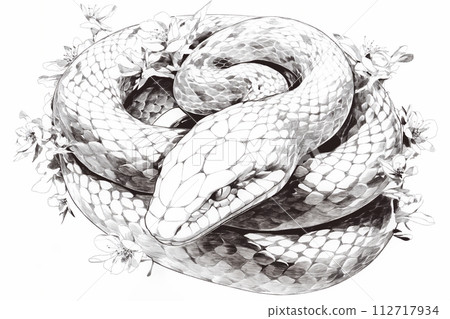 花朵和盤蛇的素描風格插圖 花朵和盤蛇的素描風格插圖 112717934