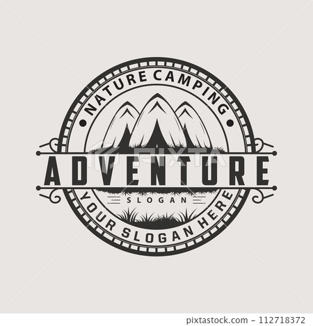 Camping logo wild forest design outdoor adventure illustration of trees and simple tent 112718372