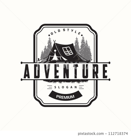 Camping logo wild forest design outdoor adventure illustration of trees and simple tent 112718374