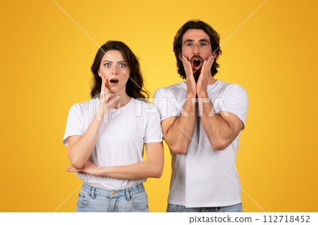 Shocked and astonished young couple with hands on cheeks and wide open mouths 112718452