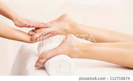 Spa Concept. Masseur Massaging Female Feet Closeup Spa Concept. Masseur Massaging Female Feet Closeup 112718674