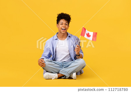 Happy black male student with Canadian flag sitting on yellow background 112718780