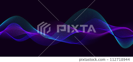 Neon flowing wavy dot lines on black background. Abstract sound wave design for ai concept, equalizer, audio record, voice assistant. Blue green purple gradient dashed curve stripes. Vector wallpaper  112718944