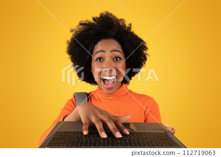 Excited young woman with an afro hairstyle exuberantly typing on a laptop 112719063