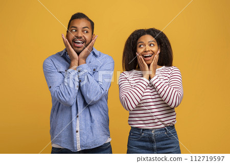 Amazed young black couple with hands on cheeks showing surprised expressions Amazed young black couple with hands on cheeks showing surprised expressions 112719597