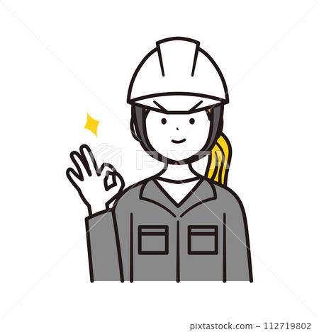 Illustration material of the upper body and stars of a Japanese female office worker working at a construction site doing an okay pose 112719802
