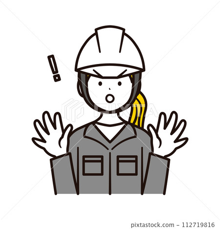 Illustration material of the upper body and exclamation mark of a smiling Japanese female office worker working at a construction site who is surprised Illustration material of the upper body and exclamation mark of a smiling Japanese female office worker working at a construction site who is surprised 112719816