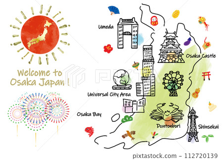 Cute Osaka tourist destination illustration map hand drawn line drawing Cute Osaka tourist destination illustration map hand drawn line drawing 112720139