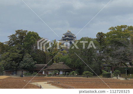 View of Okayama Castle through the thatched roof of Korakuen Renchiken View of Okayama Castle through the thatched roof of Korakuen Renchiken 112720325