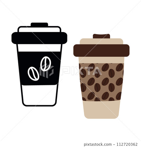 Black and white drawing and patterned disposable coffee cups with coffee grains. Logo. Icon. Sticker 112720362