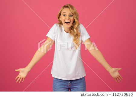 Joyful blonde caucasian lady woman having OMG moment, pink backdrop Joyful blonde caucasian lady woman having OMG moment, pink backdrop 112720630