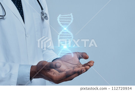 African american doctor geneticist hands holding DNA hologram African american doctor geneticist hands holding DNA hologram 112720934
