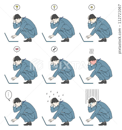 A set of 9 illustrations of an SE man in a suit working while holding his head while using a laptop placed on the ground. A set of 9 illustrations of an SE man in a suit working while holding his head while using a laptop placed on the ground. 112721067