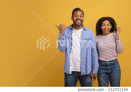 Amazing Offer. Surprised Black Couple Showing Copy Space On Yellow Background 112721144