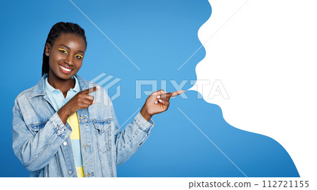 Smiling young black woman points at blank speech bubble, collage Smiling young black woman points at blank speech bubble, collage 112721155