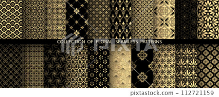 Geometric floral set of seamless patterns. Golden and black vector backgrounds. Damask graphic ornaments 112721159