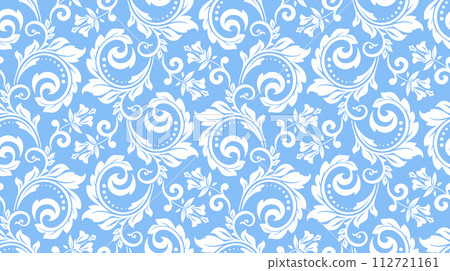 Floral pattern. Vintage wallpaper in the Baroque style. Seamless vector background. White and blue ornament for fabric, wallpaper, packaging. Ornate Damask flower ornament Floral pattern. Vintage wallpaper in the Baroque style. Seamless vector background. White and blue ornament for fabric, wallpaper, packaging. Ornate Damask flower ornament 112721161