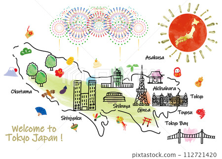 東京觀光景點可愛插畫地圖手繪線描 東京觀光景點可愛插畫地圖手繪線描 112721420