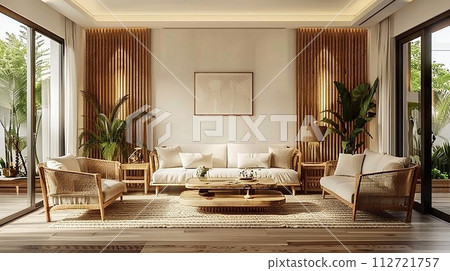 Modern living room interior design mockup with natural tones. 112721757