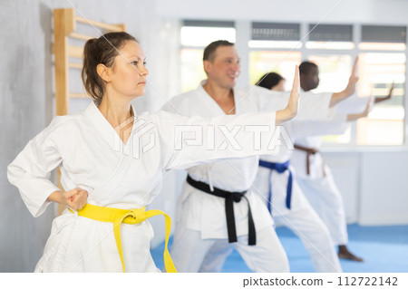 Group of multiethnic people training karate techniques 112722142