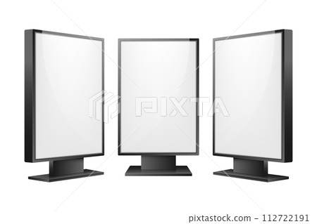 Lightbox layout in three projections. Signboard for advertising. Realistic city format billboard. Vertical signs. Vector illustration. Lightbox layout in three projections. Signboard for advertising. Realistic city format billboard. Vertical signs. Vector illustration. 112722191