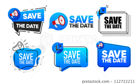 Save the Date. Megaphone label collection with text. Marketing and promotion. Vector Illustration. 112722211