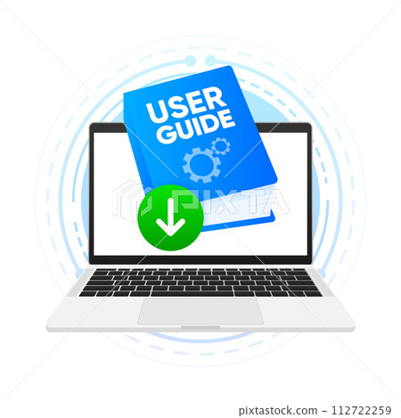 User Guide digital book. User manual document and download link. Reference book, instructions and guide. Vector illustration. User Guide digital book. User manual document and download link. Reference book, instructions and guide. Vector illustration. 112722259