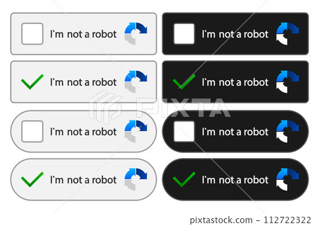 Captcha. Im Not a Robot. Robot verification recaptcha. Captcha with buttons for start testing. Computer random captcha test. Vector illustration. Captcha. Im Not a Robot. Robot verification recaptcha. Captcha with buttons for start testing. Computer random captcha test. Vector illustration. 112722322