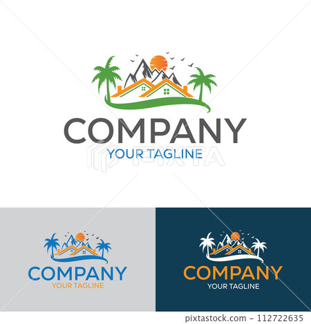 Natural Real Estate Logo Template with the sun, palm tree, birds mountain elements Natural Real Estate Logo Template with the sun, palm tree, birds mountain elements 112722635