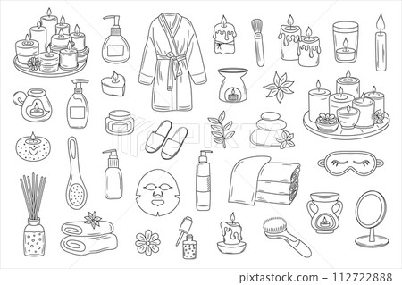 Spa, relax, candle doodle set. Makeup, beauty care outline icons 112722888