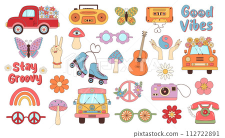 Retro groovy hippie set. 60s,70s vintage psychedelic clipart.  112722891