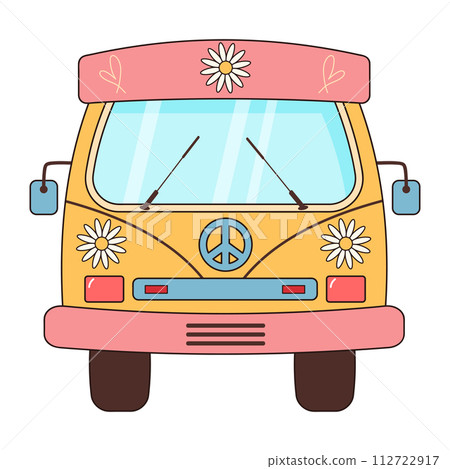 Groovy retro hippie bus with daisies. Vintage truck. Groovy retro hippie bus with daisies. Vintage truck. 112722917