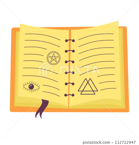 Magic open book with esoteric symbols. Fantasy or fairy tale book 112722947