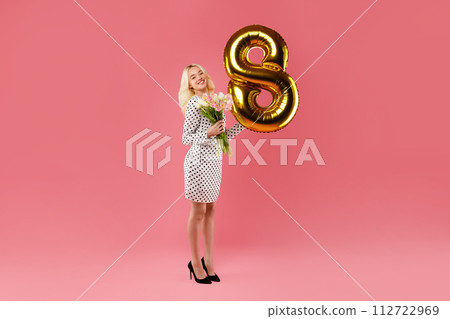 Blonde with 8 balloon and tulips, pink background Blonde with 8 balloon and tulips, pink background 112722969