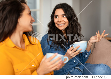 Two Smiling Besties Ladies Talking Sitting With Tea Cups Indoor Two Smiling Besties Ladies Talking Sitting With Tea Cups Indoor 112722986