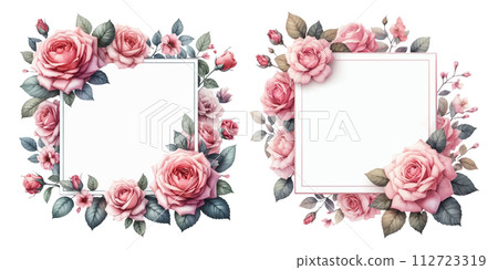 Watercolor illustration material set of pink rose frame Watercolor illustration material set of pink rose frame 112723319