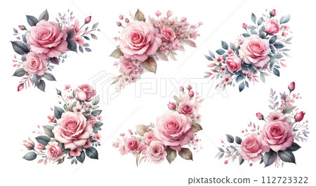 粉紅玫瑰裝飾水彩插畫素材集 112723322