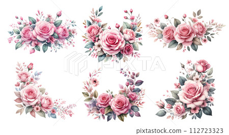 粉紅玫瑰裝飾水彩插畫素材集 粉紅玫瑰裝飾水彩插畫素材集 112723323