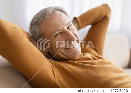 Closeup of happy senior man chilling on sofa at home 112723430