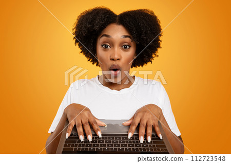 Amazed young african american lady typing on laptop keyboard 112723548