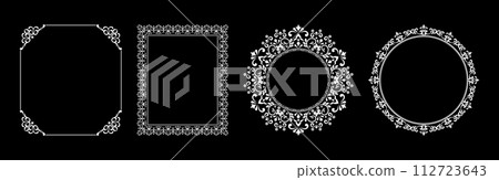 Set of decorative frames Elegant vector element for design in Eastern style, place for text. Floral black and white borders. Lace illustration for invitations and greeting cards. 112723643
