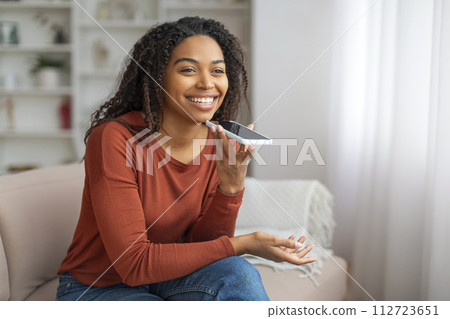 Modern Technologies. Portrait Of Happy Black Woman Recording Voice Message On Smartphone 112723651