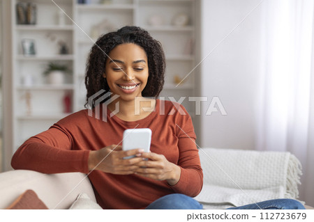 Beautiful Black Woman Texting On Smartphone While Relaxing On Couch At Home 112723679