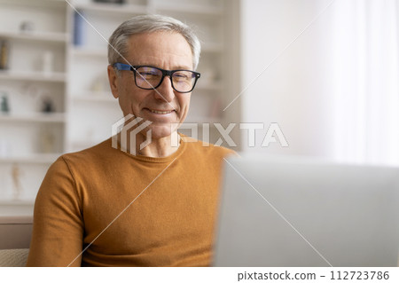 Closeup of cheerful elderly man using laptop at home Closeup of cheerful elderly man using laptop at home 112723786