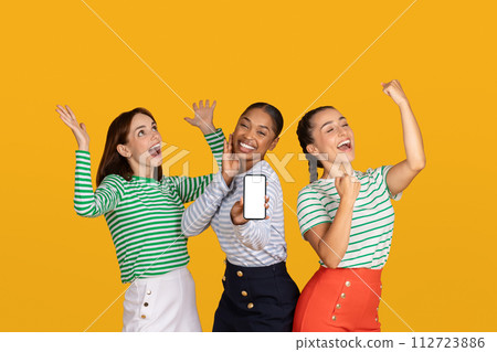 Emotional ladies showing smartphone with blank screen 112723886