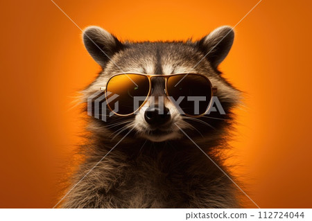 Funny raccoon wearing sun glasses , isolated on orange background generative ai Funny raccoon wearing sun glasses , isolated on orange background generative ai 112724044