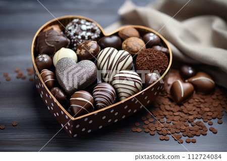 valentine chocolate from the box. coffee and tea break time. Generative Ai 112724084