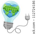 Heart shape earth planet inside light bulb with power plug. Environmentally friendly sources of energy 112724186